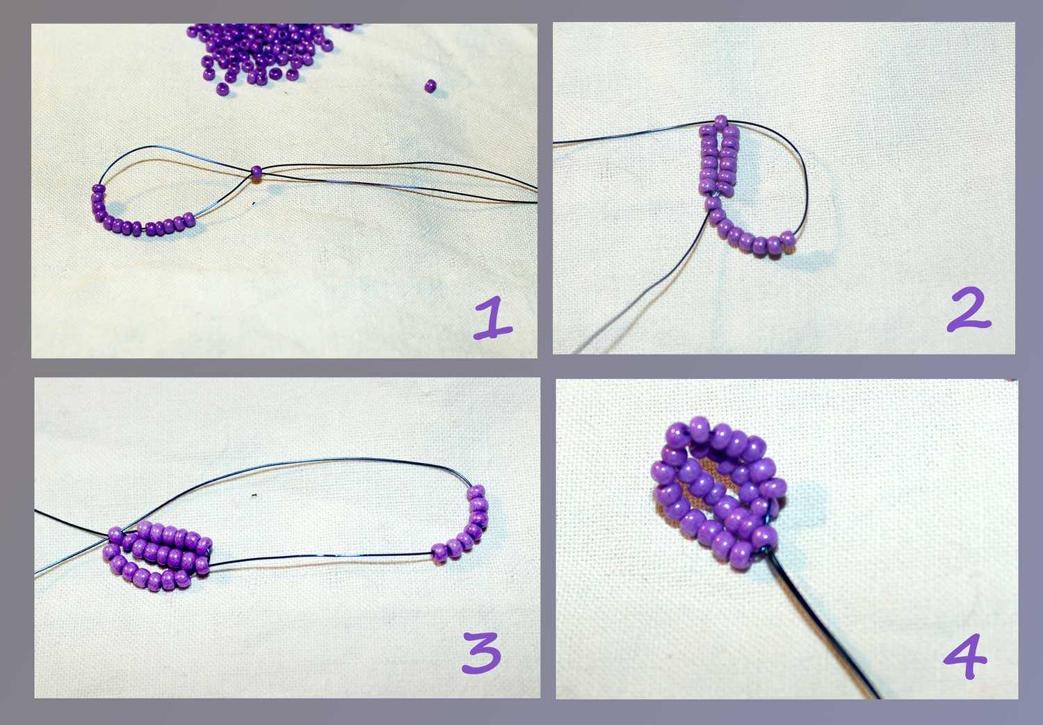 Схема плетения фиалки из бисера для начинающих