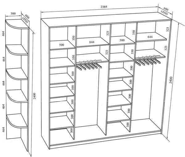3 варианта наполнения шкафа купе: планировка с размерами, расположение полок, схемы