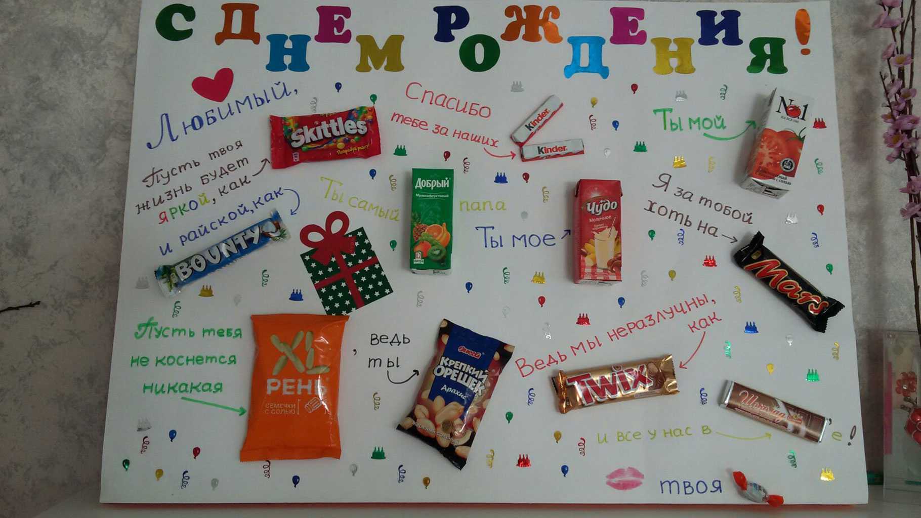 Плакат с шоколадками и поздравлениями своими руками: на день рождения, маме, папе, подруге, мужу, жене, любимому мужчине (фото)